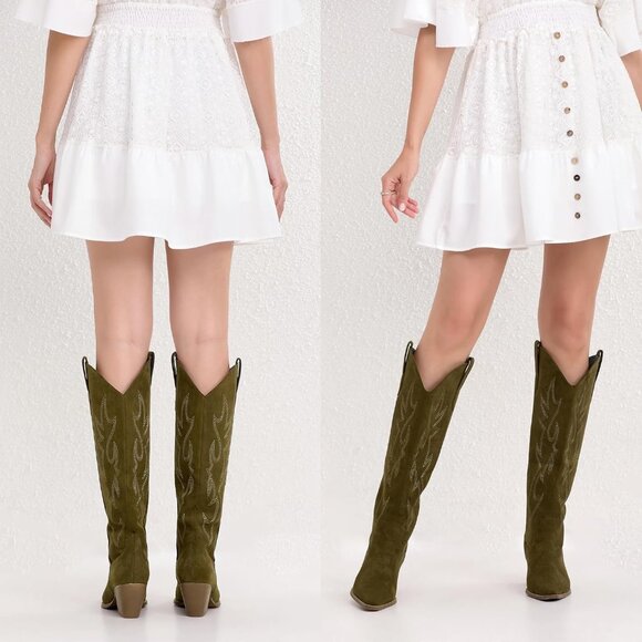 Women Faux Leather Olive Calf High Embroidered Pointed Toe Block Heel Boot - Picture 5 of 5